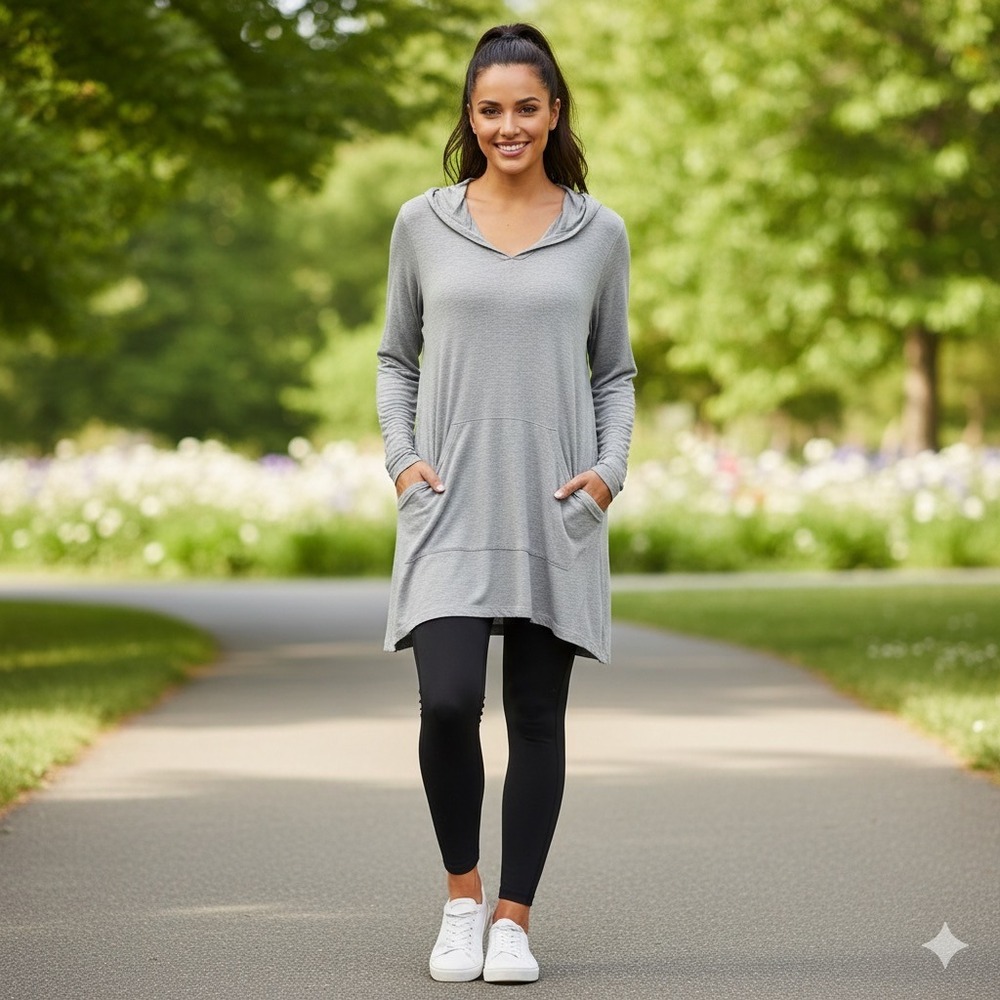 Soft Surroundings Hoodie Tunic Shirt Women‎ Small Gray Stretch 3/4 Sleeve Pocket